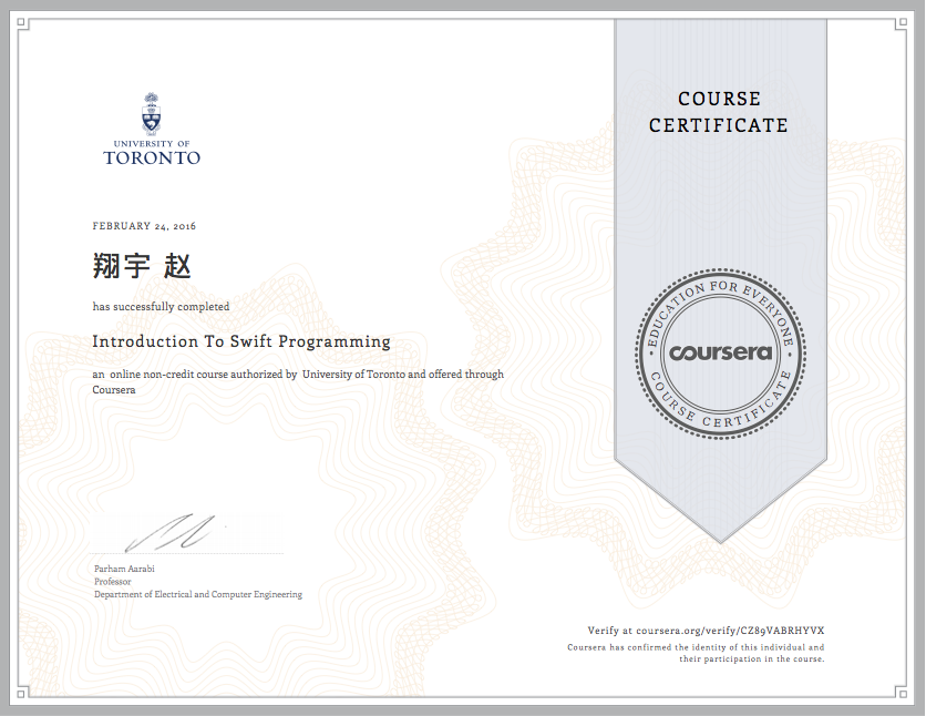 东北育才学校高中部1402赵翔宇Introduction to Swift Programming Certificate